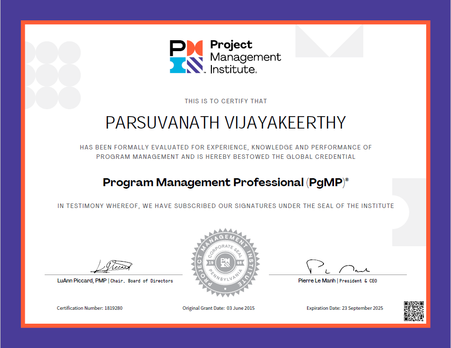 Dr.Parsuvanath Vijayakeerthy PgMP Certification.